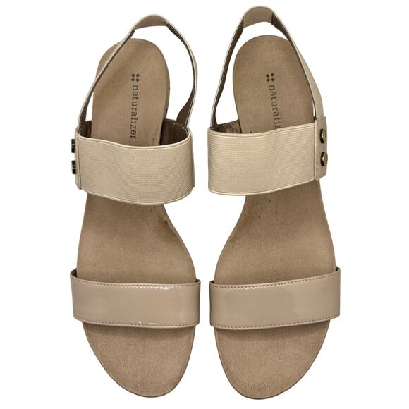 NWOT! NATURALIZER Sandals - Cork Wedge - Faux Taupe Patent & Elastic Straps - Picture 4 of 11